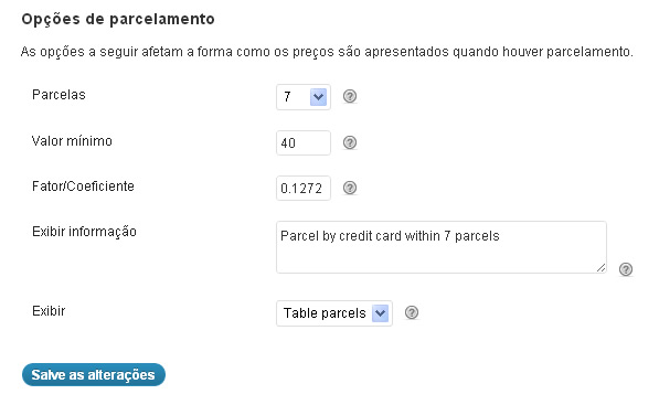 Configuração Tabela de parcelamento